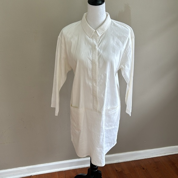 Eileen Fisher Collar White Shirt Button Down Dress Pockets Organic Linen Size M - Picture 3 of 9